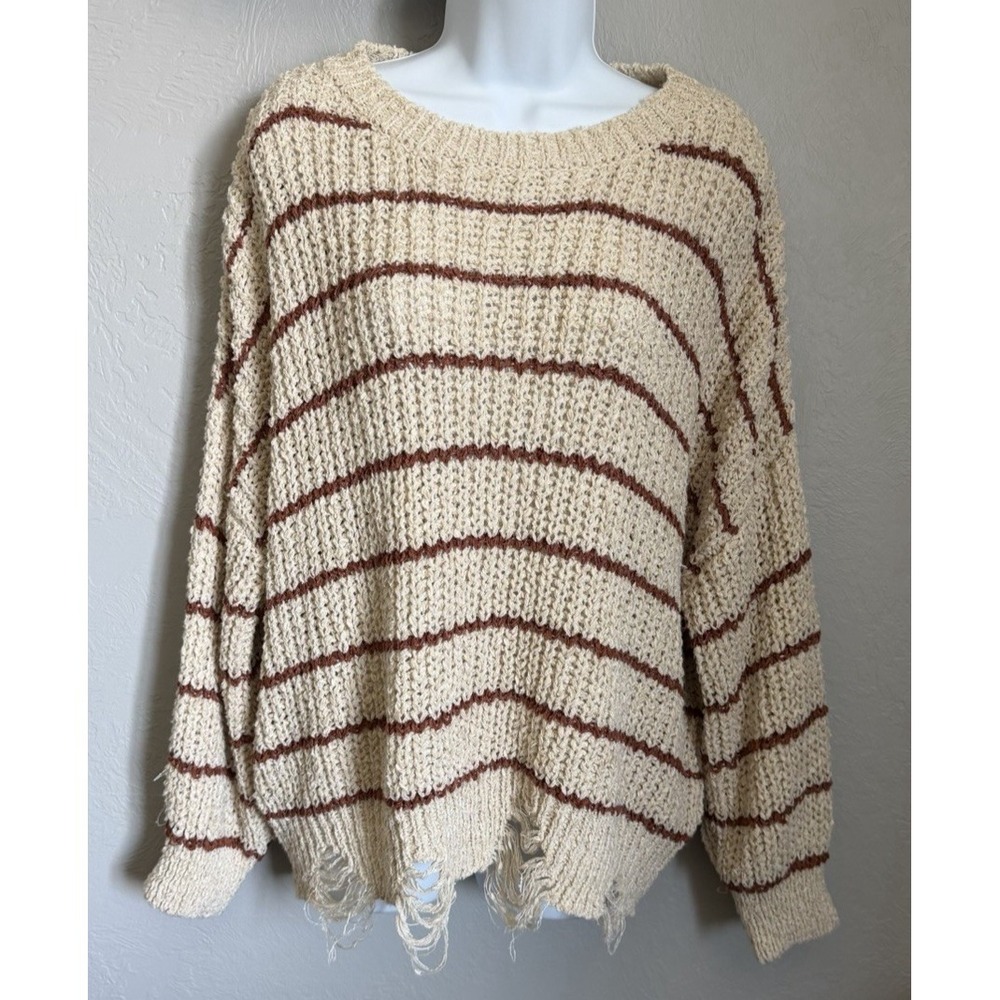 BKE Sweater Womens Medium Cream Striped Rust Distressed Oversize Knit Fry Hem